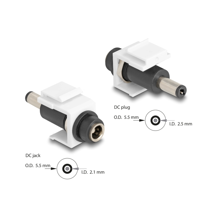 Delock Keystone modul, DC 5,5 x 2,1 mm-csatlakozóhüvely, DC 5,5 x 2,5 mm méretű apa, fehér (84175) (84175)