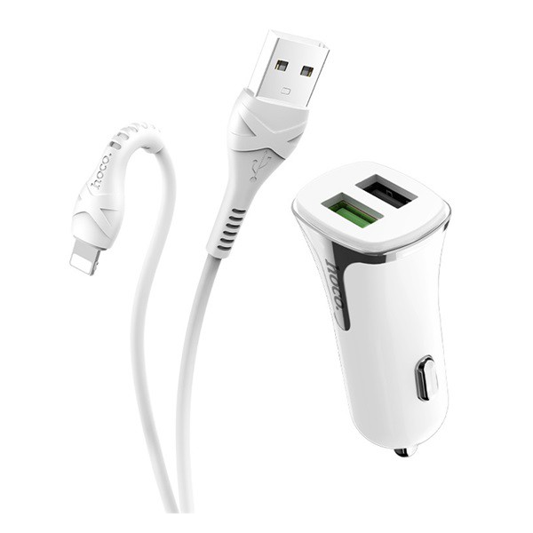 HOCO Z31 autós töltő 2 USB aljzat (5V / 3400mA, 18W, gyorstöltés támogatás, QC3.0 + lightning 8pin kábel) FEHÉR (Z31_LIGHTNING_W)