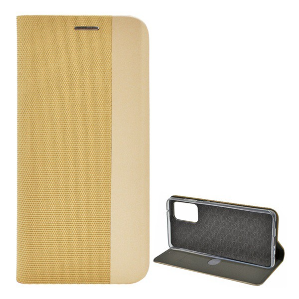 Tok álló, bőr hatású (FLIP, oldalra nyíló, asztali tartó funkció, textil minta) ARANY [Samsung Galaxy A72 5G (SM-A726F)] (5996591041148)