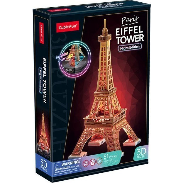 CUBICFUN 3D puzzle játék 51 darabos Eiffel torony éjszakai változat LED világítással (GXP-882586)