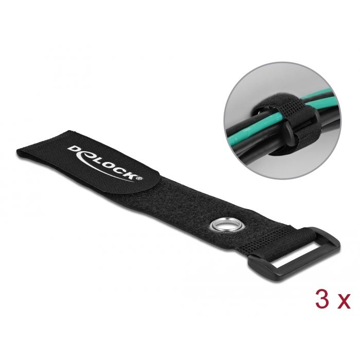 Delock befűzős kábelkötegelő tépőzárral és szorító karikával 280X38mm 3db fekete (19549) (DE19549)