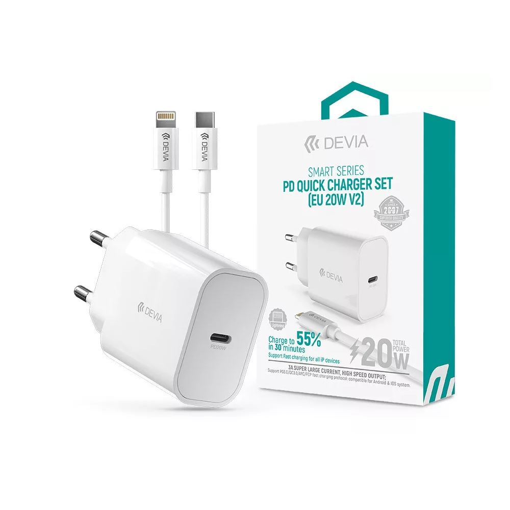 Devia USB-C hálózati töltő adapter + USB-C - Lightning kábel fehér (ST383847) (ST383847)