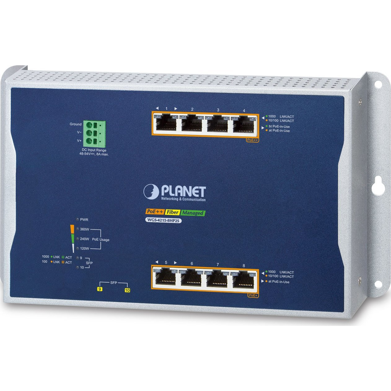 PLANET IP30, IPv6/IPv4, 4-Port Vezérelt L2/L2+ Gigabit Ethernet (10/100/1000) Ethernet-áramellátás (PoE) támogatása Kék, Szürke (WGS-4215-8HP2S)