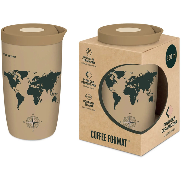 Coffee Format Brązowy kubek termiczny z motywem mapy świata 350 ml
