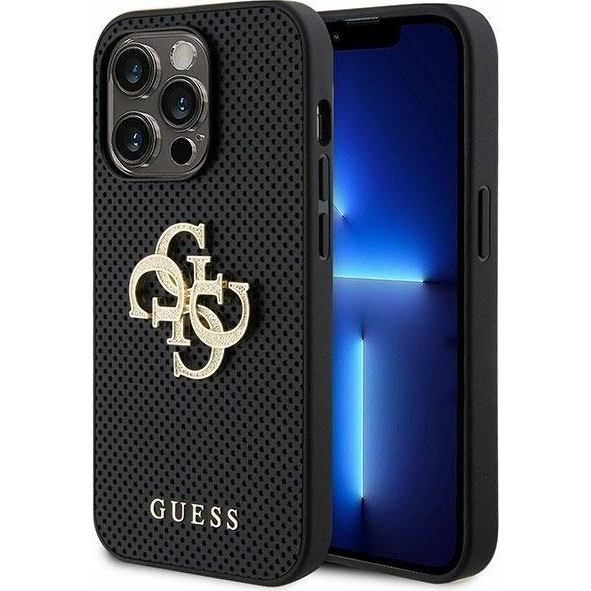 Guess Apple iPhone 15 Pro Max PU Perforated Glitter Metal Logo Hátlapvédő Tok Fekete (GUE003354)