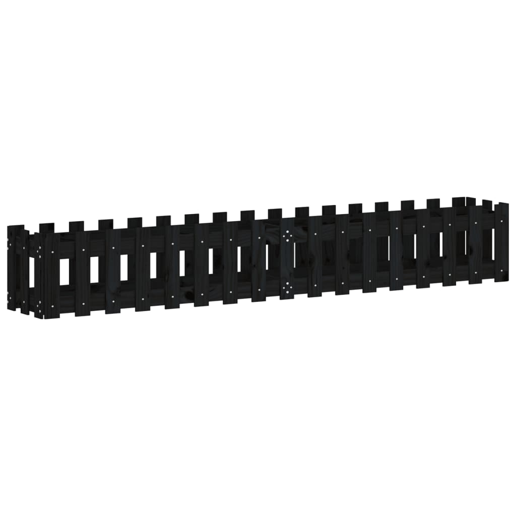 fekete tömör fenyőfa kerti magaságyás kerítéssel 200x30x30 cm (832504)