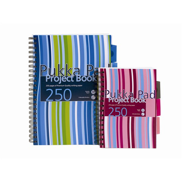 Комплект от 3 спираловидни тетрадки и разделители Pukka Pads Project Book Stripes A5, диктандо, розово/синьо, 250 страници, 125 раздела
