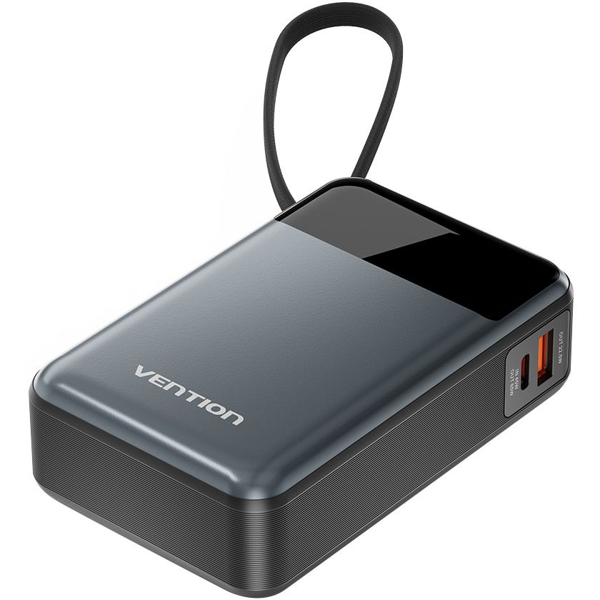 Vention 20000mAh Power Bank (USB-C + USB-C/USB-A) with Built-in USB-C Cable 65W Black LED Display Ty (FHYB0)