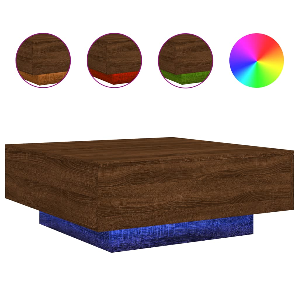 barna tölgyszínű dohányzóasztal LED-lámpákkal 80 x 8 0x 31 cm (836594)