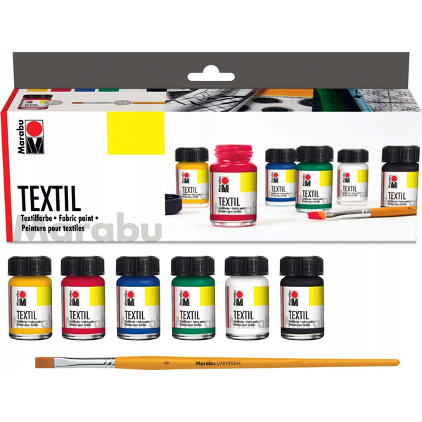  Vrige Marabu 1716000000087, Black, Blue, Green, Red, White, Yellow, Textile paint, liquid, 90 ml, 6 pc(s)