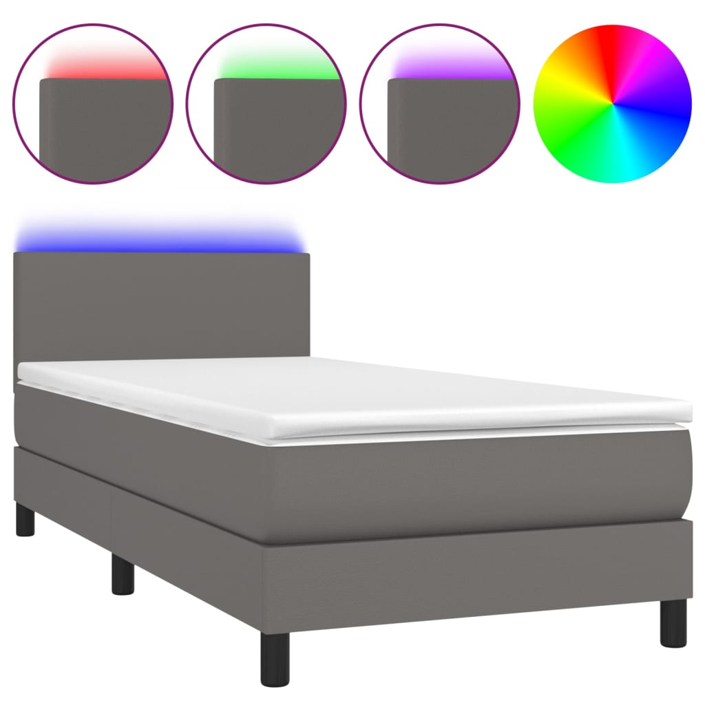 szürke műbőr rugós ágy matraccal és LED-del 90x200 cm (3134085)