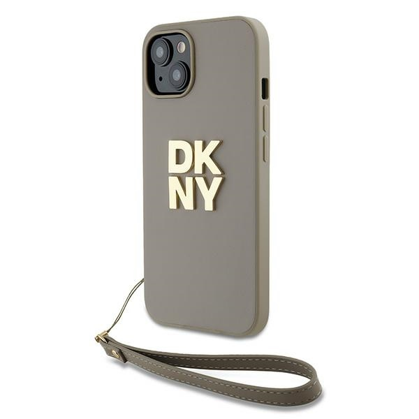 DKNY iPhone 13 / 14 / 15 Csuklópántos PU Bőr Telefon tok - Bézs
