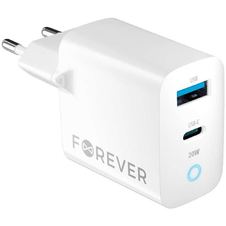 Forever TC-06-20AC Hálózati Töltő 1xUSB-A És 1xUSB-C Csatlakozással PD QC 20W-Fehér (GSM171394)