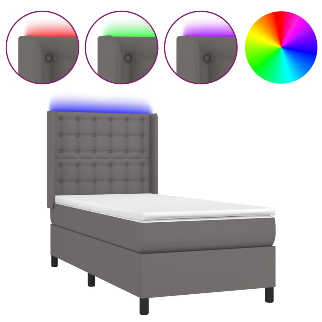 szürke műbőr rugós ágy matraccal és LED-del 90x190 cm (3139359)