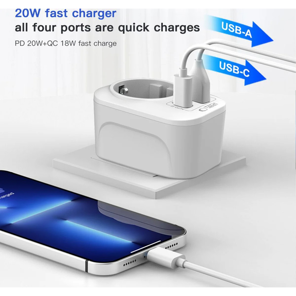 Adaptér, redukce Tech-Protect z EU na UK, 1x USB-A, 1x USB-C, 2500W