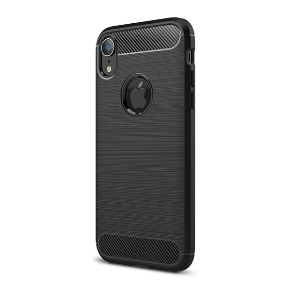 Szilikon telefonvédő (közepesen ütésálló, légpárnás sarok, szálcsiszolt, karbon minta, logo kivágás) FEKETE [Apple iPhone XR 6.1] (5996457802777)