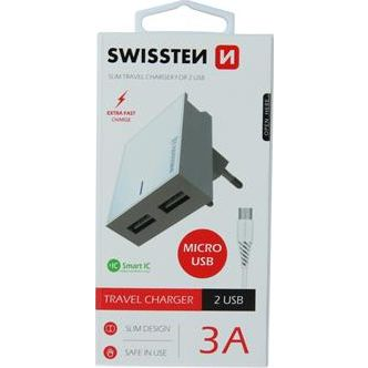 Swissten 22041000 2xUSB-A Hálózati Töltő Adapter + MicroUSB Kábel 1.2m 15W - Fehér (22041000)