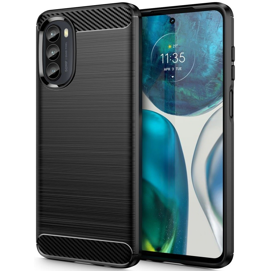 Motorola Moto G52 / G82, Szilikon tok, közepesen ütésálló, szálcsiszolt, karbon minta, fekete (9589046923050)