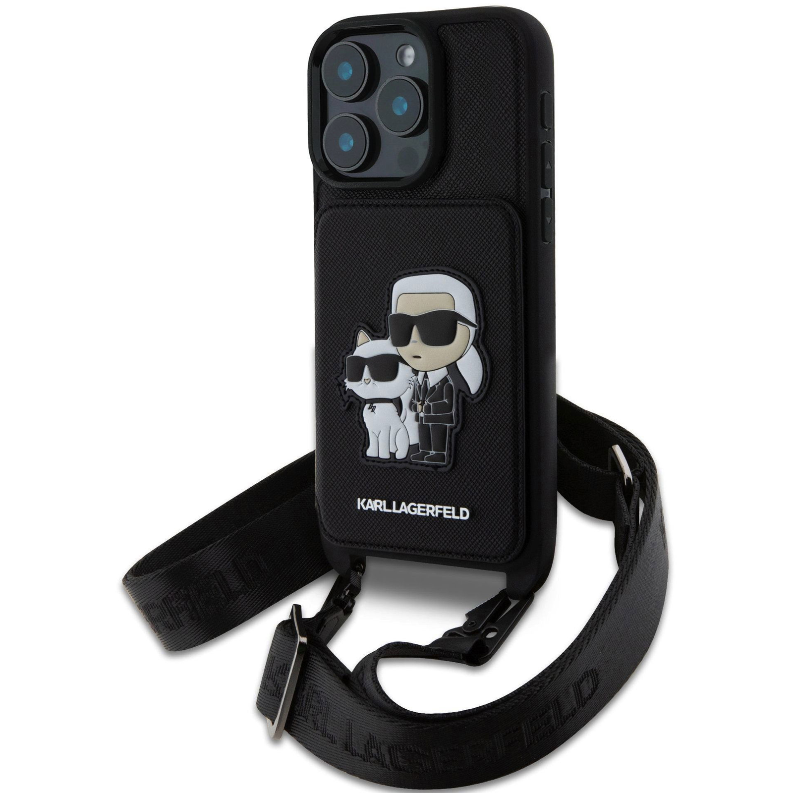 Karl Lagerfeld Saffiano Crossbody Karl and Choupette iPhone 16 Pro Max fekete keresztpántos tok (KLHCP16XCSAKCPMK)