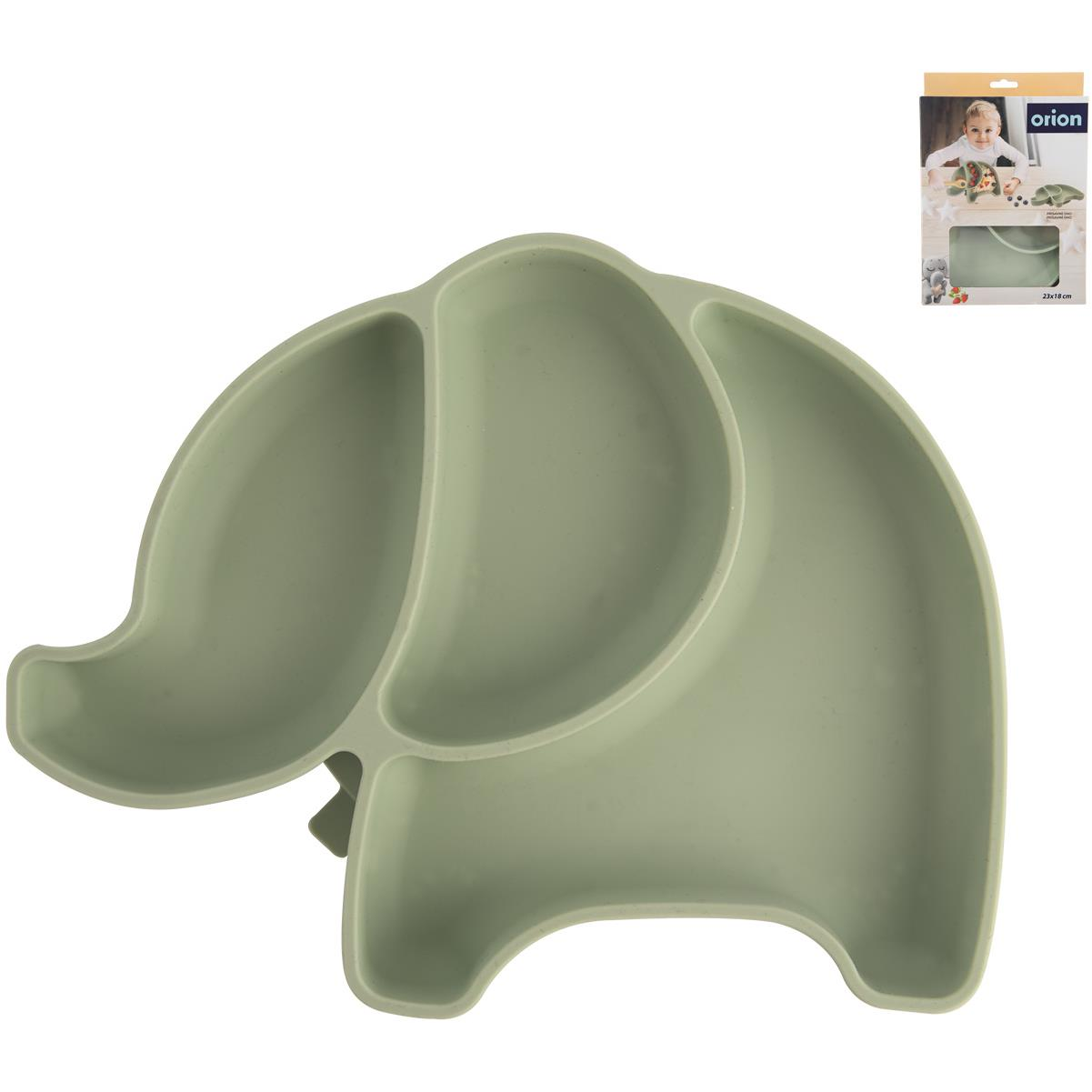 Orion Osztott gyerek tányér, szilikon, elefánt alak, zöld, 23×18 cm (129572)