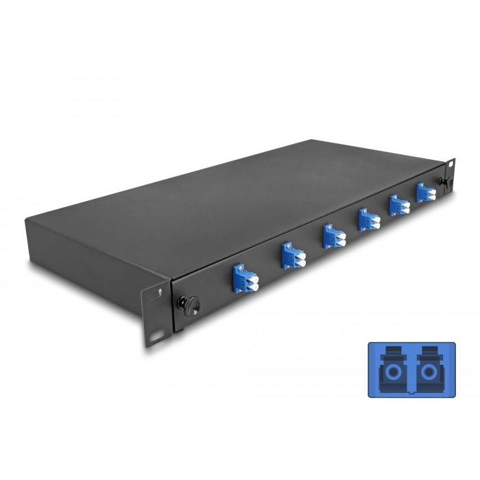 Delock 19” hosszú sínekbe rögzítéshez optikai szálösszefűző doboz, 6db LC Duplex OS2 1U, kompletten összeszerelve (66997) (delock66997)