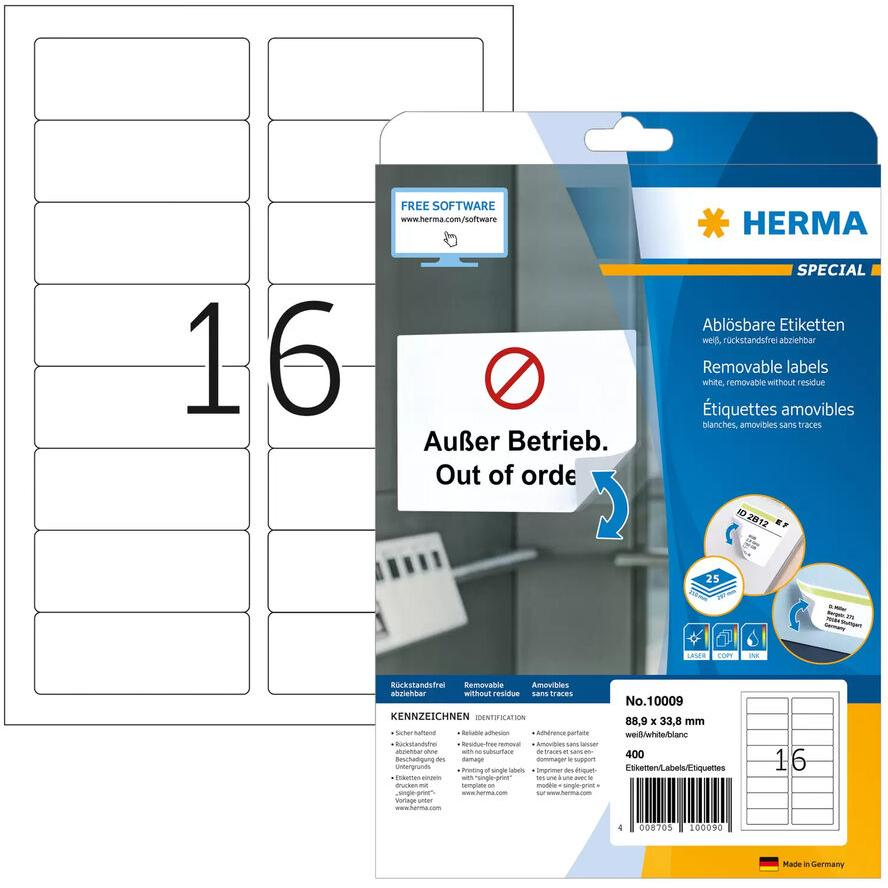 HERMA Etiketten A4 weiß 88,9x33,8 mm ablösbar Papier 400 St. (10009) (10009)