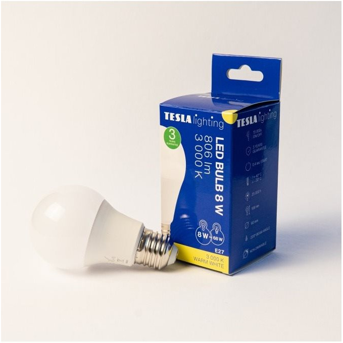 Tesla - LED izzó BULB, E27, 8 W, 230 V, 806 lm, 25000 h, 3000K meleg fehér, 220° (BL270830-1)