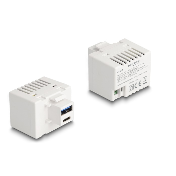 Delock Keystone Modul A-típusú USB-vel és USB Type-C töltő porttal PD 20 W fehér (41478) (41478)
