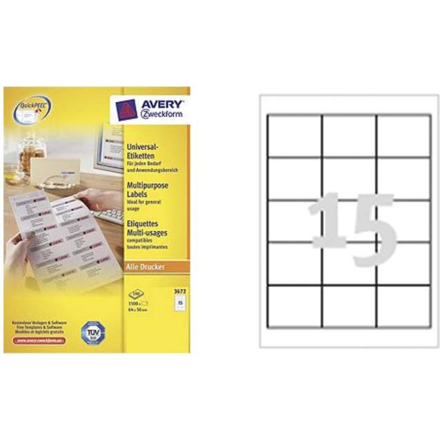 Avery 3672 Etikett - 64x50 mm, Univerzális, 1500 címke/doboz, 100 ív/doboz, Fehér (3672)