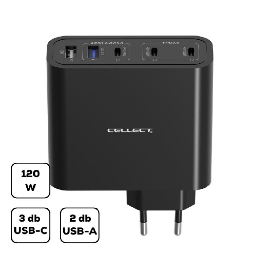 Cellect 2xUSB-A - 3xUSB-C hálózati töltő adapter gyorstöltő funkcióval 120W fekete (MTCB-PD120W-BK) (MTCB-PD120W-BK)