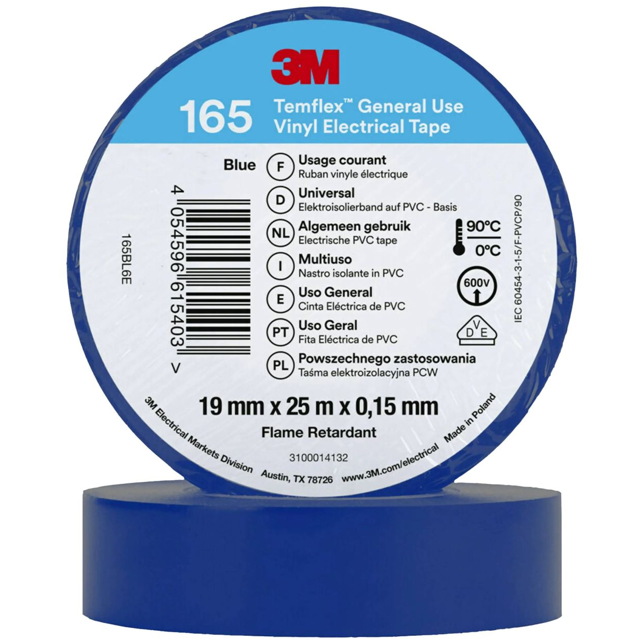 3M Temflex 165 165BL6E vinil szigetelőszalag, kék, 25 m x 19 mm (165BL6E)
