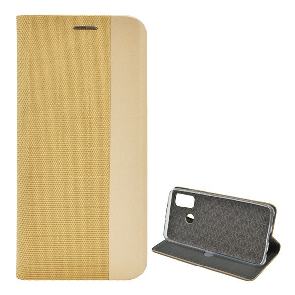 Tok álló, bőr hatású (FLIP, oldalra nyíló, asztali tartó funkció, textil minta) ARANY [Huawei P Smart (2020)] (5996457983247)