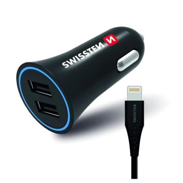 Зарядно устройство за кола Swissten с кабел Lightning, 1.5 м, 2.4A, 2 X USB, Черен
