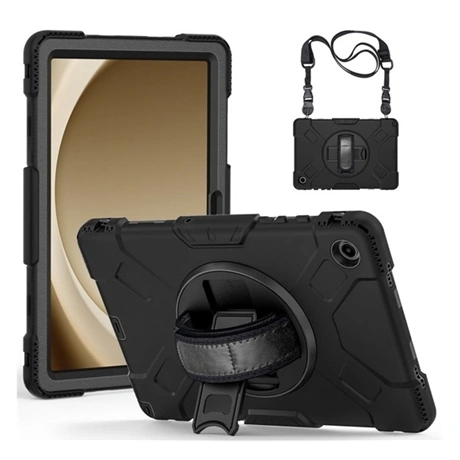 Defender műanyag tok (ütésállóság, kitámasztó, 360° + kézpánt) FEKETE Samsung Galaxy Tab A9 Plus 5G (SM-X216) / Galaxy Tab A9 Plus WIFI (SM-X210) "Gigapack csomagolás" (GP-150481)