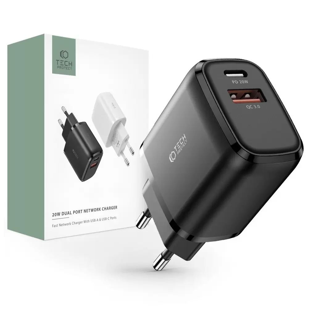 Tech-Protect C20W hálózati töltő adapter PD 20W / QC3.0 fekete (126509) (tp126509)