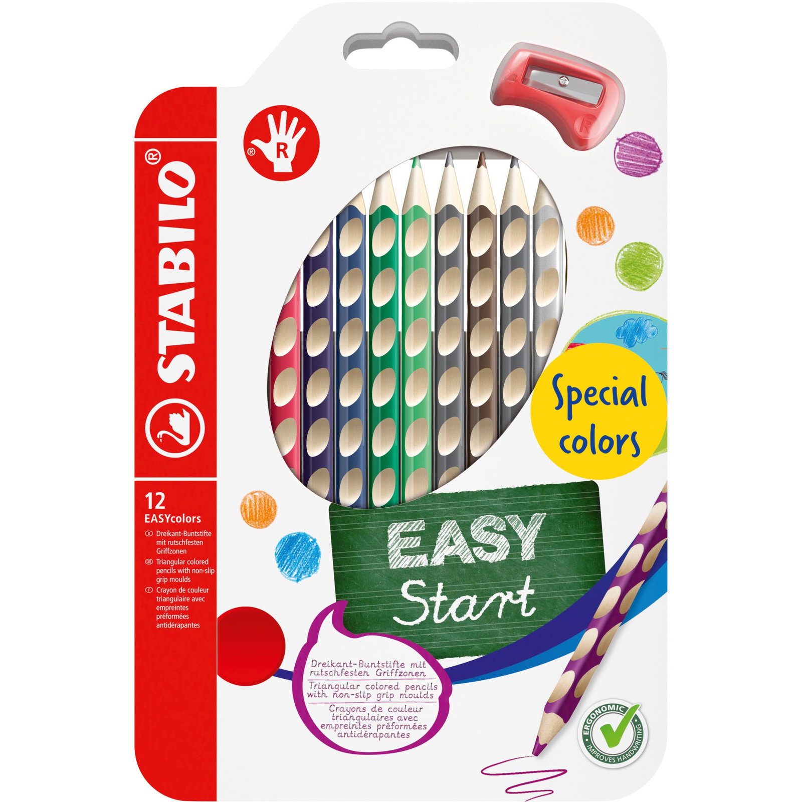 STABILO EASYcolors jobbkezeseknek, speciális színek - 12 színű készlet ceruzahegyezővel (4006381606035)