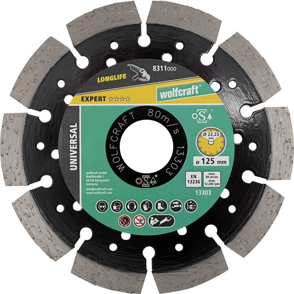 Wolfcraft 8311000 Gyémánt bevonatú vágótárcsa 125 mm 1 db Beton, Klinkertégla, Natúr kő, #####Bimsstein, mészhomok tégla