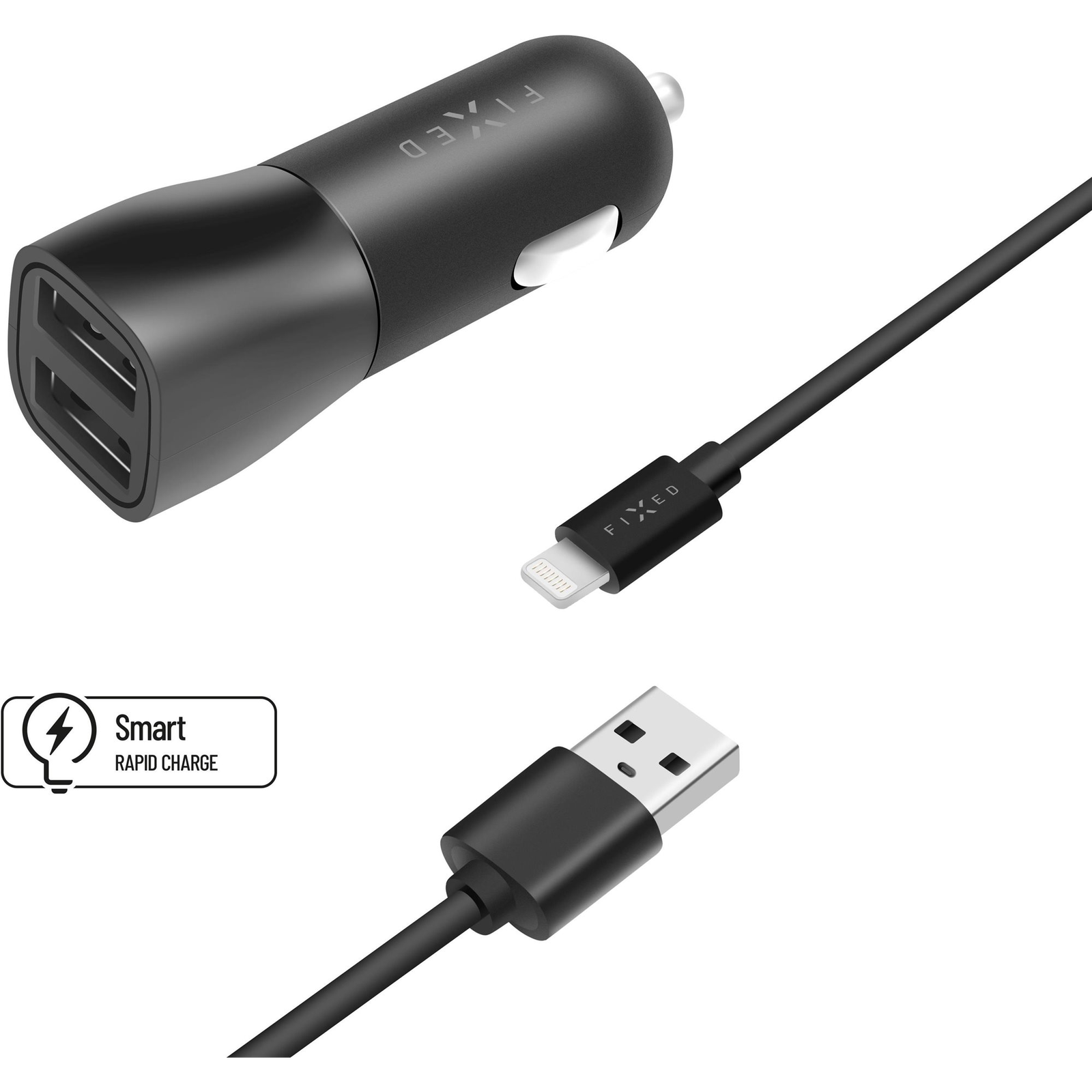 FIXED Smart Rapid Charge 2xUSB kimenet, USB/Lightning kábel, 1 m, MFI tanúsítvány, 15W, fekete (FIXCC15-2UL-BK)