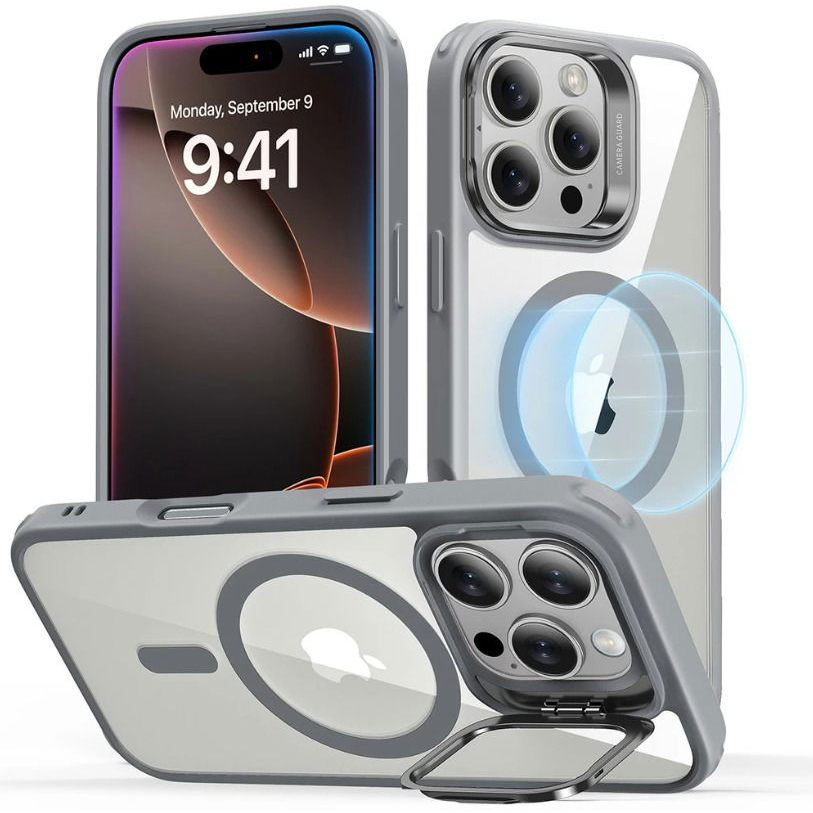 ESR Classic Hybrid Case with Stash Stand (HaloLock), Compatible with iPhone 16 Pro Max, Clear Grey tok (1A7500401)