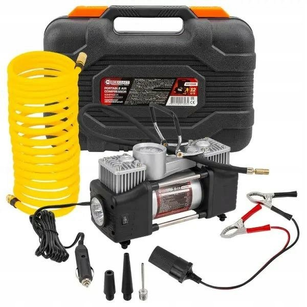 Kompresor samochodowy, sprężarka dwutłokowa (65l/min, 3 końcówki, LED) 12V w walizce