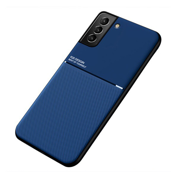 Műanyag telefonvédő (szilikon keret, közepesen ütésálló, beépített fémlemez, bőr hatású hátlap, csíkos minta) SÖTÉTKÉK [Samsung Galaxy S22 5G (SM-S901)] (5996591121048)