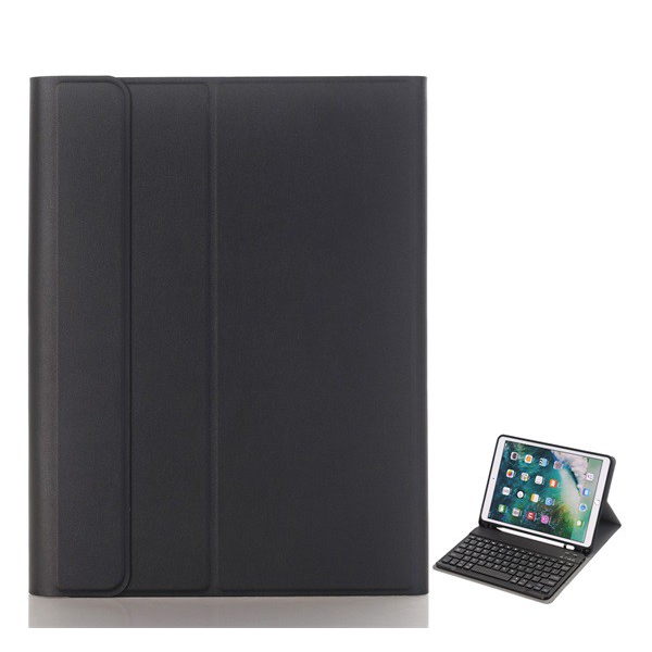 Tok álló, bőr hatású (FLIP, bluetooth billentyűzet, asztali tartó, QWERTY, angol nyelvű, érintőceruza tartó) FEKETE [Apple IPAD 10.2 (2021)] (5996457912285)