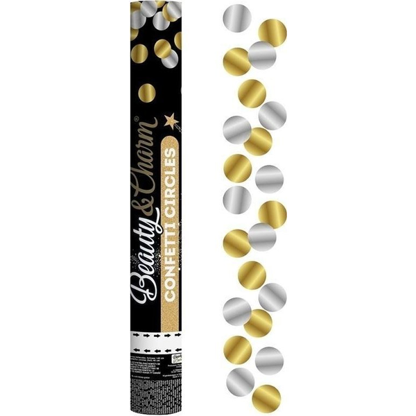 Konfetti ágyú arany és ezüst színű körökkel 40 cm