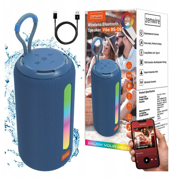 Zenwire Vibe BS-09 prenosni Bluetooth zvočnik 26 W, FM radio, TWS, RGB, IPX4, USB-C, microSD, modra