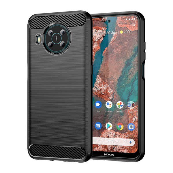 Szilikon telefonvédő (közepesen ütésálló, légpárnás sarok, szálcsiszolt, karbon minta) FEKETE [Nokia X20] (5996591125770)