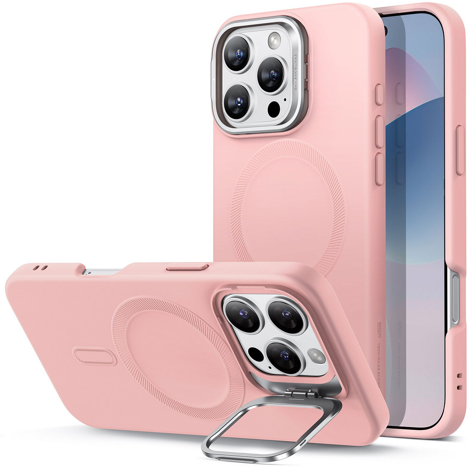 ESR Cloud Soft Case with Stash Stand (HaloLock), Compatible with iPhone 16 Pro, Pink tok (1A7860601)