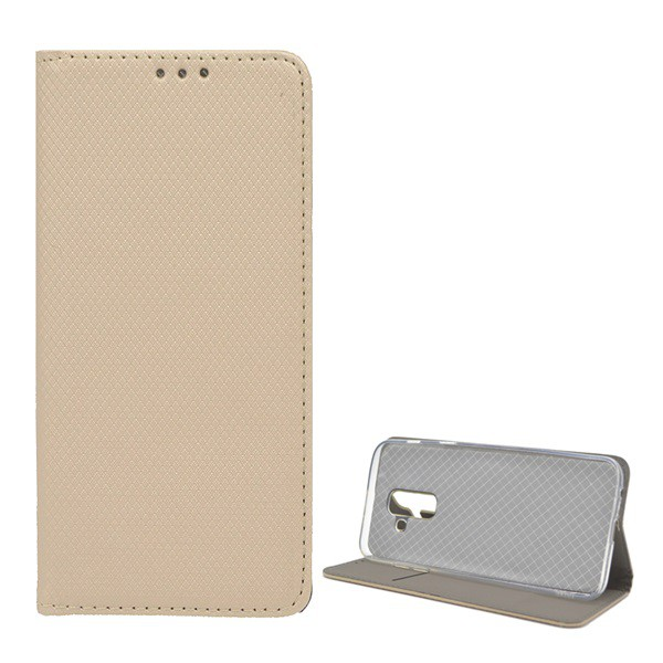 Tok álló, bőr hatású (FLIP, oldalra nyíló, asztali tartó funkció, rombusz minta) ARANY [Samsung Galaxy A6+ (2018) SM-A605F]