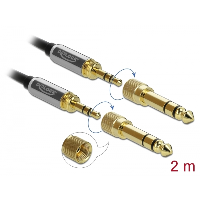 Delock Sztereó kábel 3,5 mm-es 3 pólusú apa apa, csavaros adapterrel 2 m (85786)