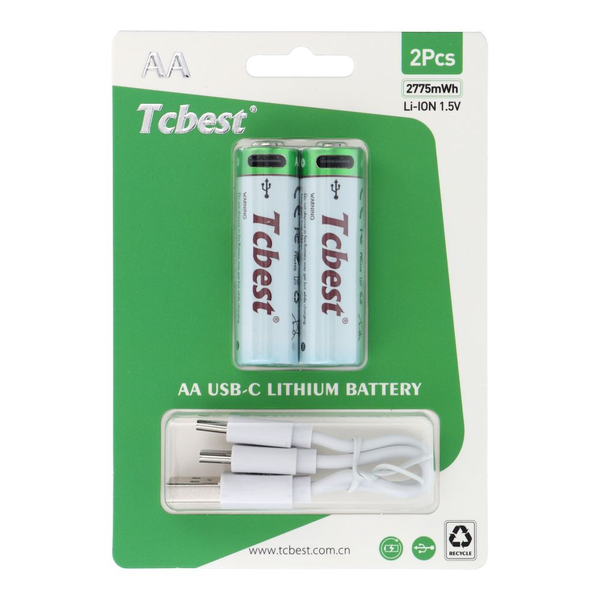 Tcbest újratölthető R6 (AA) elem 750 mAh, USB-C csatlakozóval és töltőkábellel (2db) (6954457881788)
