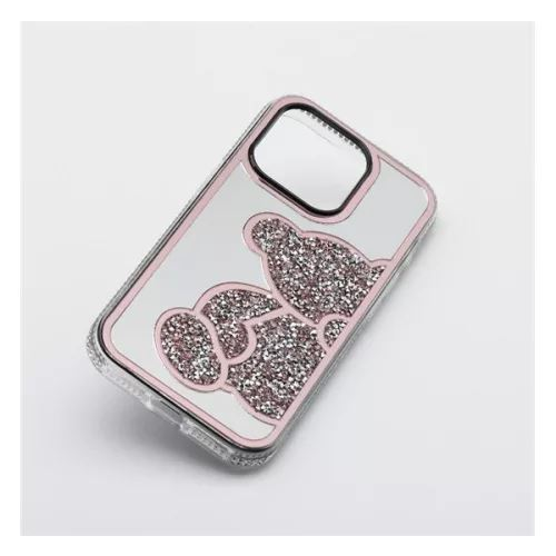 Teddy Bear iPhone 16 Pro csillogó köves tok fehér-rózsaszín (101225) (101225)